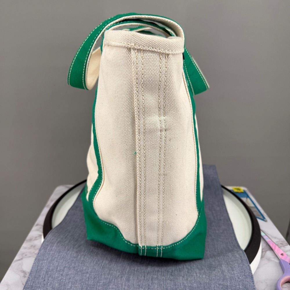 Lands End Medium Tote Bag 5 Pocket Zipper Green Natural Canvas *Has Embroidery - Picture 6 of 16